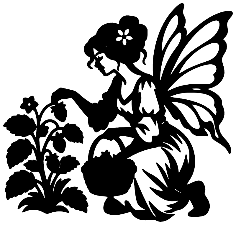 Black fairy vinyl decal silhouette with butterfly wings and leafy flowers