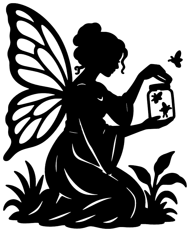 Close-up fairy vinyl decal silhouette holding jar with butterflies and leaves