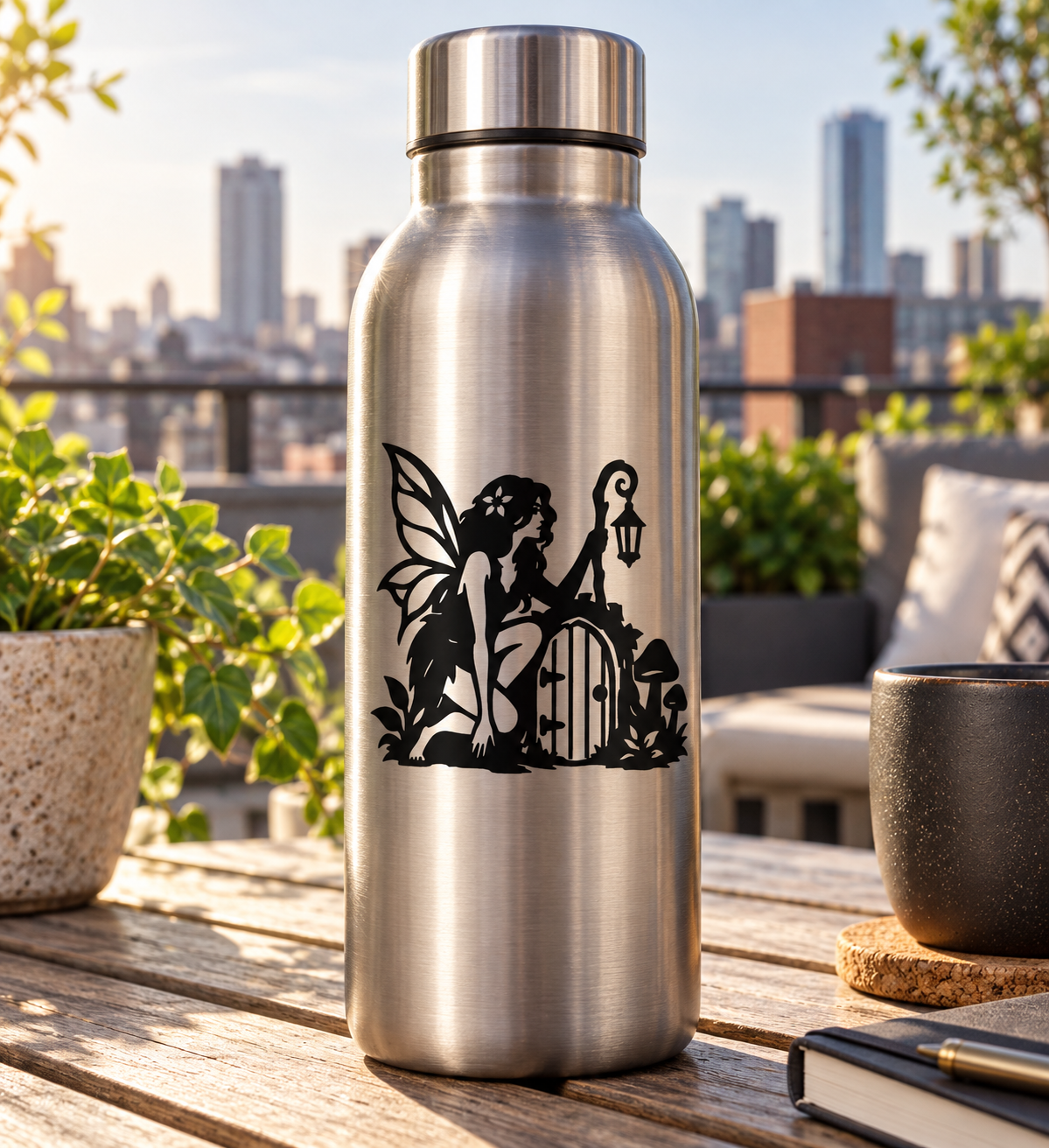 Fairy guardian vinyl decal, black silhouette of fairy with lantern and gate on bottle