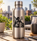 Fairy guardian vinyl decal, black silhouette of fairy with lantern and gate on bottle