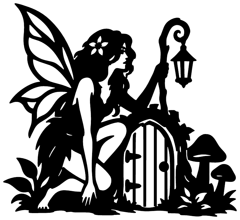 Fairy guardian vinyl decal, black fairy silhouette holding lantern beside gate and flowers