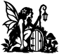 Fairy guardian vinyl decal, black fairy silhouette holding lantern beside gate and flowers