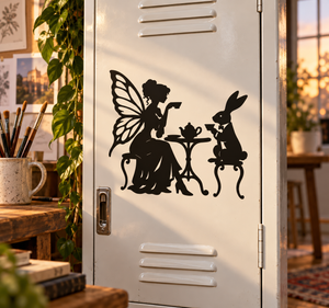 Black fairy tea party vinyl decal with silhouettes of two rabbits and a seated fairy