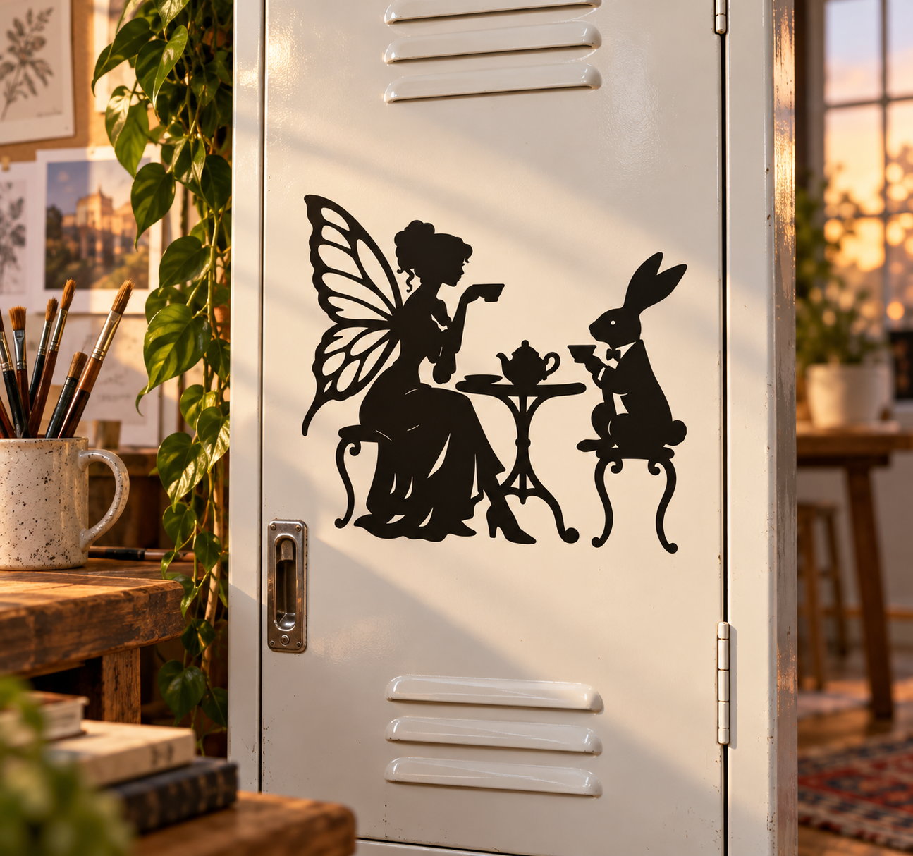 Black fairy tea party vinyl decal with silhouettes of two rabbits and a seated fairy