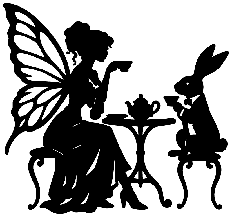 Tea party silhouette vinyl decal: fairy with butterfly wings, rabbit, and teacup table