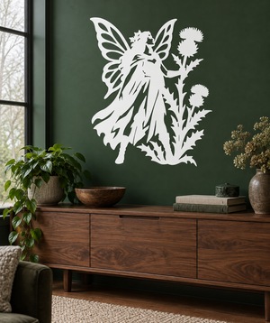 White vinyl fairy protector decal with wings and dandelion-like flowers