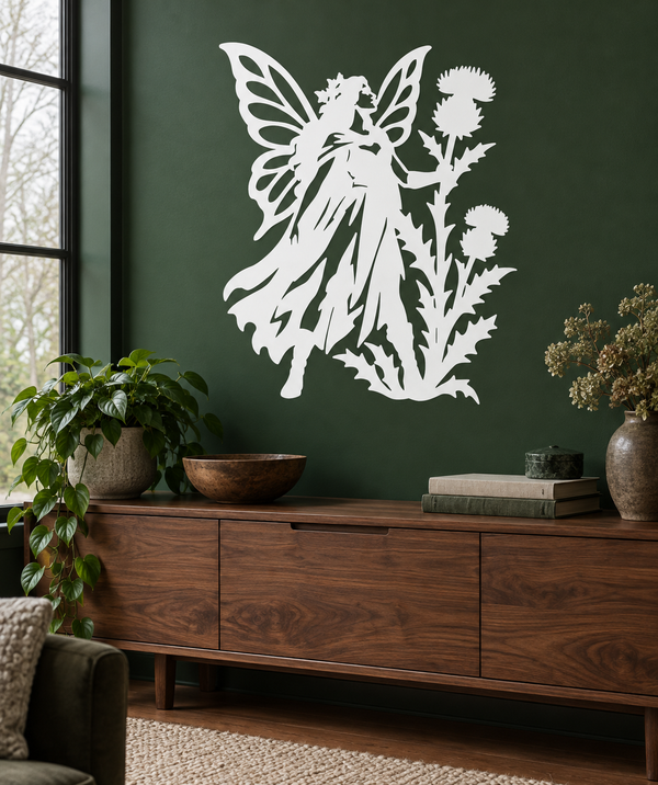 White vinyl fairy protector decal with wings and dandelion-like flowers