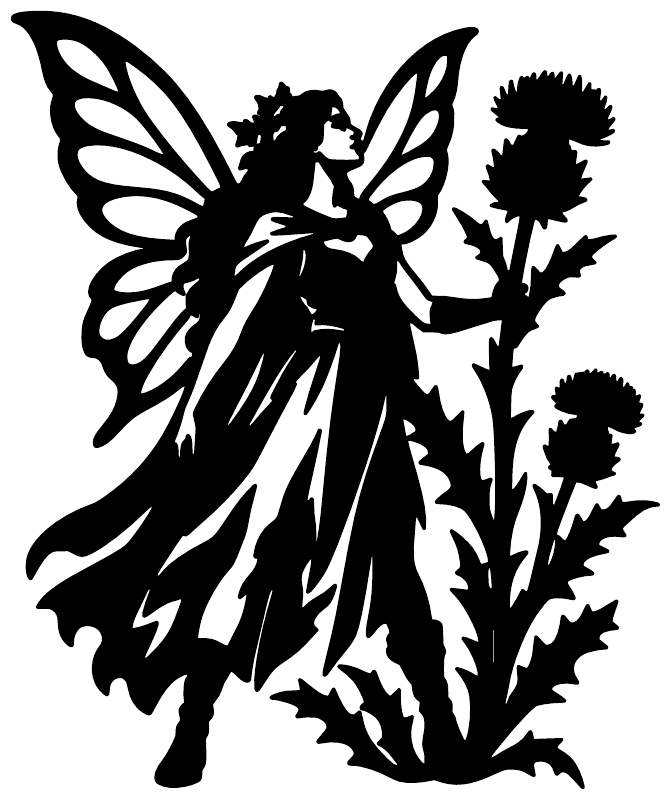 Black vinyl fairy protector decal silhouette with wings and dandelion-like flowers