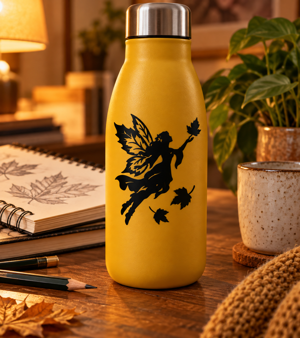Black vinyl decal of a flying fairy among autumn leaves, fairy silhouette with leaf shapes