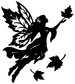 Black silhouette vinyl decal: fairy flying with winged leaf burst and scattered leaves