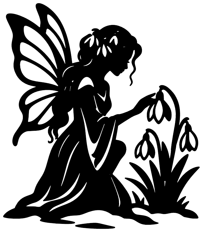 Black winter fairy vinyl decal silhouette holding a flower with snowdrop details