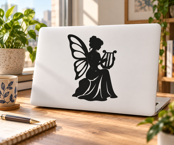 Black fairy playing harp vinyl decal silhouette, FairyCX027 on a light surface