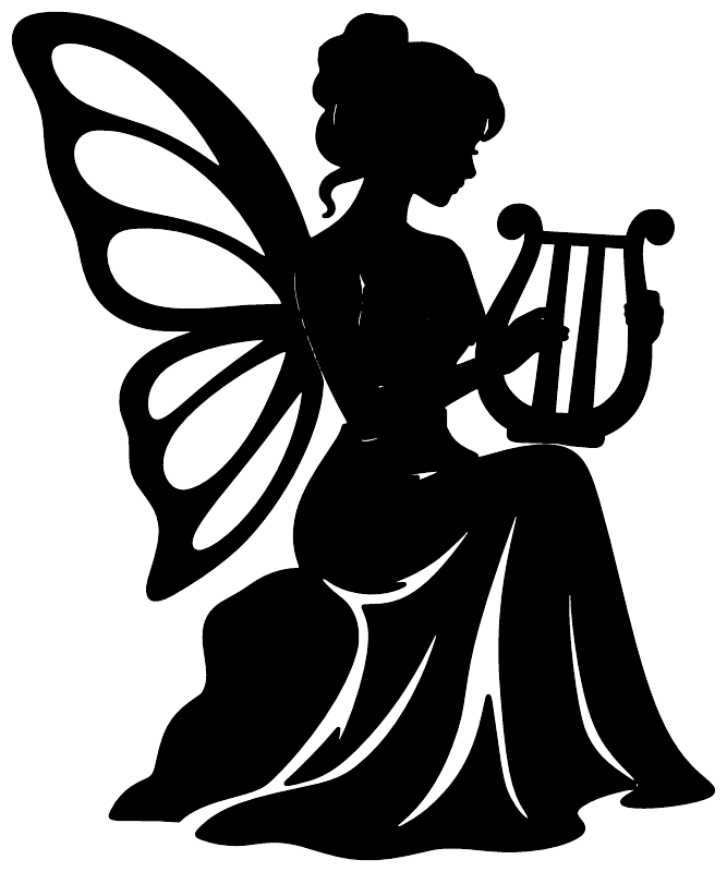 Black fairy musician vinyl decal silhouette holding a harp, FairyCX027