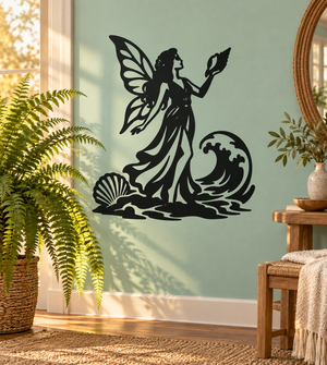 Black fairy vinyl decal silhouette with shell and wave swirls, holding a small wand