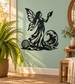 Black fairy vinyl decal silhouette with shell and wave swirls, holding a small wand