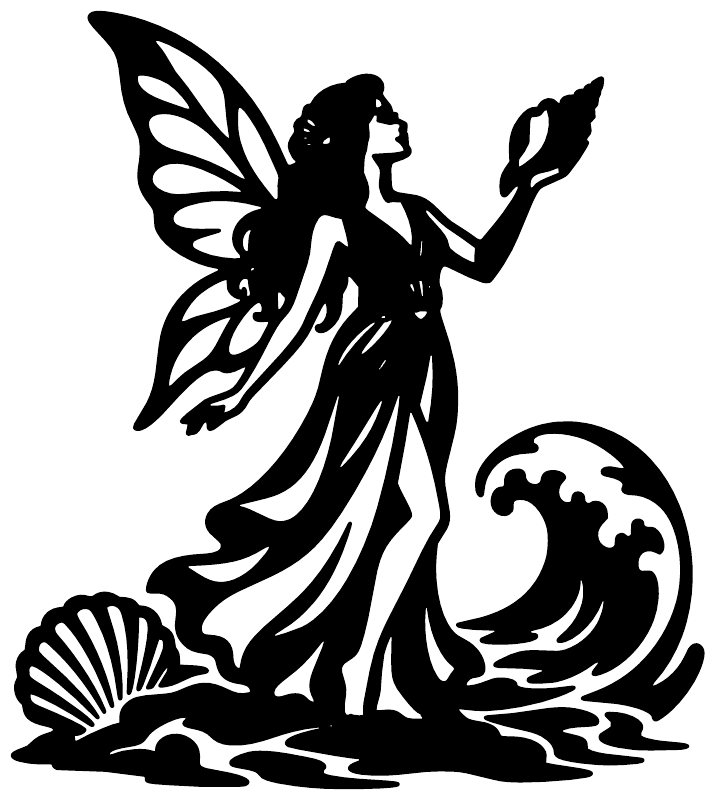 Black fairy vinyl decal silhouette, flanked by wings and shell with curly wave tail