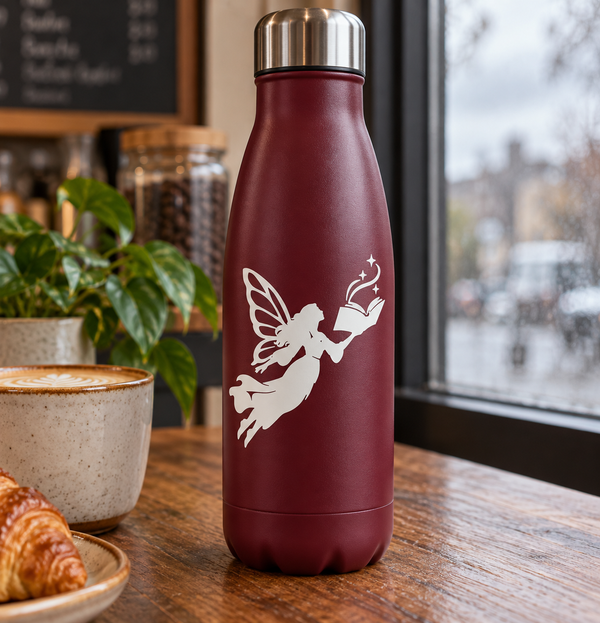 Fairy vinyl decal of a winged figure reading an open book on a maroon bottle