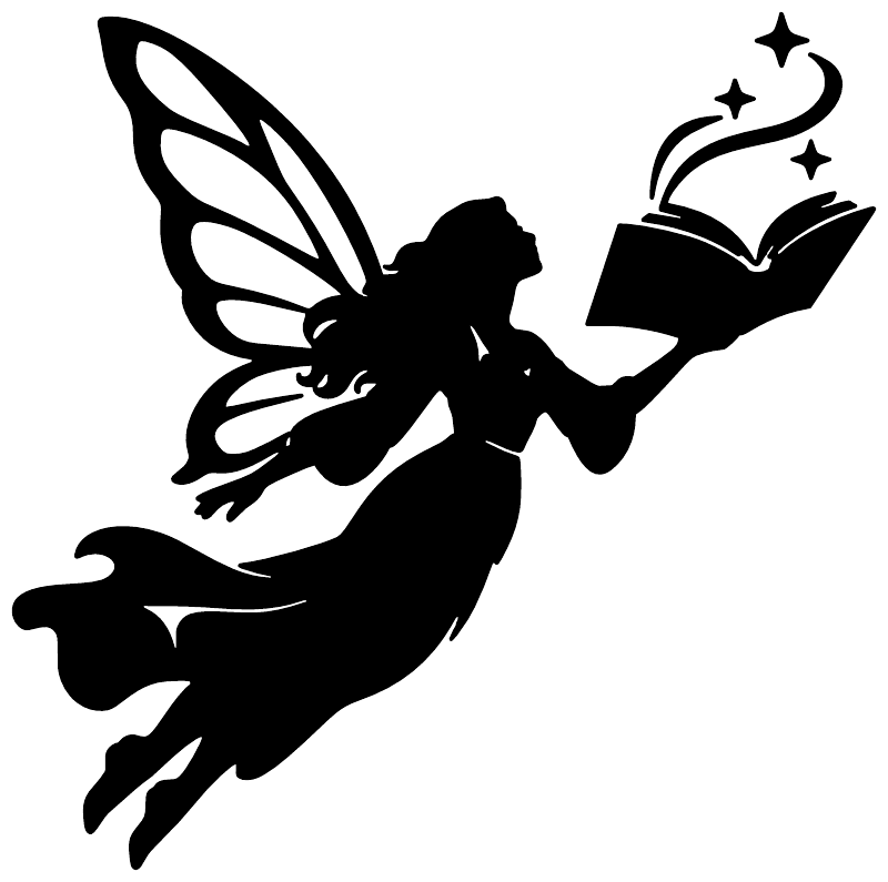 Black fairy vinyl decal flying with open book and sparkles, isolated