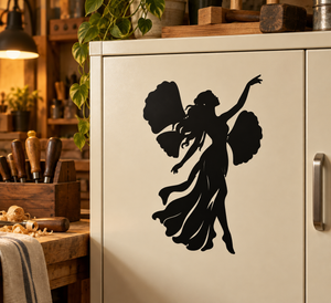 Ginkgo wing emblem vinyl decal of a black fairy with wings and ginkgo leaves