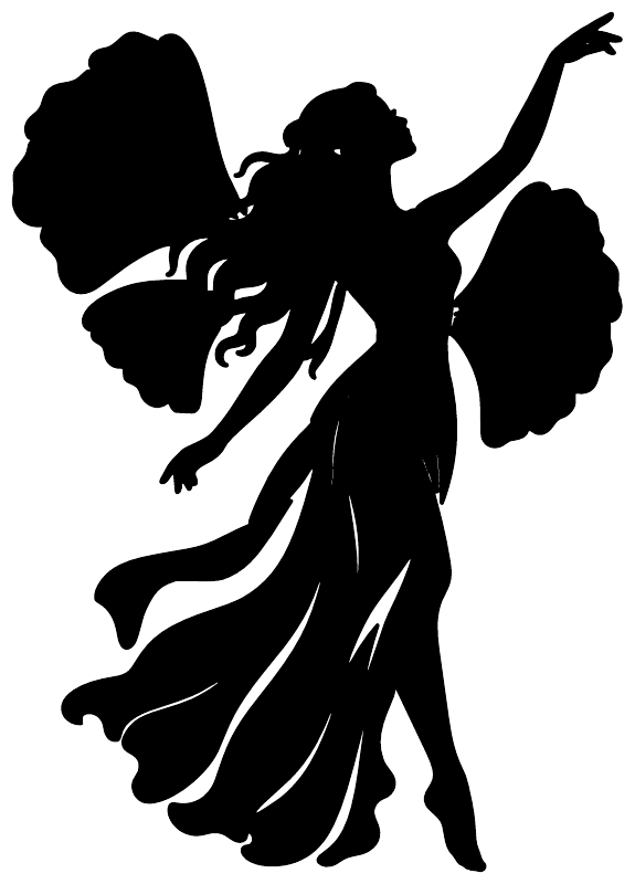 Black fairy wing emblem vinyl decal, close-up silhouette with raised arm