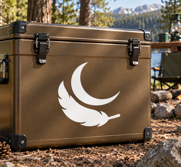 White crescent feather vinyl decal for outdoor gear, sweeping feather emblem