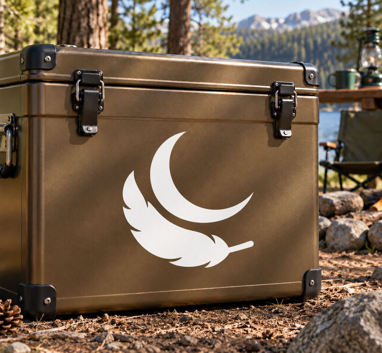 White crescent feather vinyl decal for outdoor gear, sweeping feather emblem