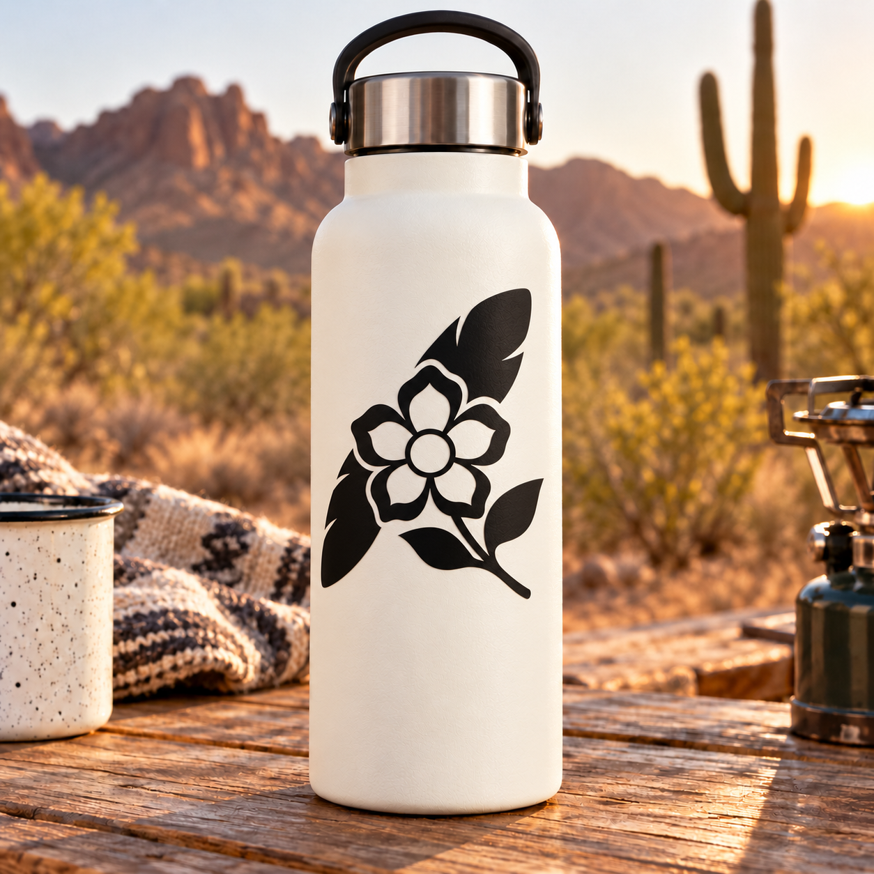 Feather and flower crest vinyl decal in black on white bottle