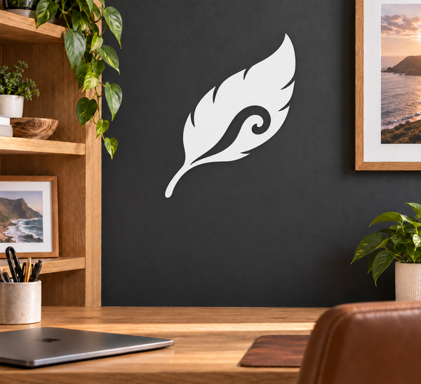 Vinyl feather curl decal, white stylized feather with wave curl tip.