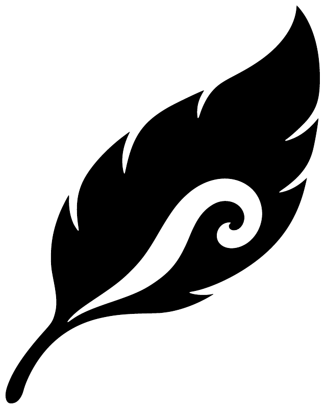Vinyl feather curl decal, black feather with white swirl and curled tip.