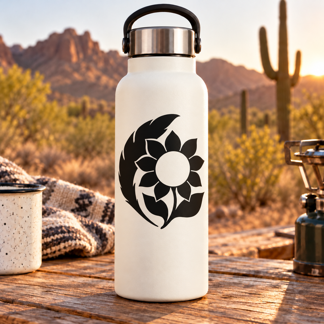 Black feathered sunflower vinyl decal with bold circular flower center