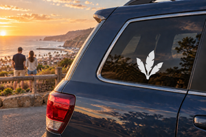 Three-plume fan feather vinyl decal, white silhouette on car rear window