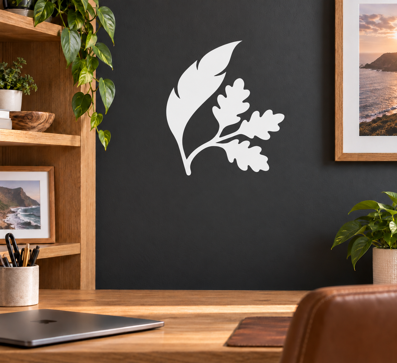 Oak feather sprig vinyl decal, white feather and oak leaf silhouette