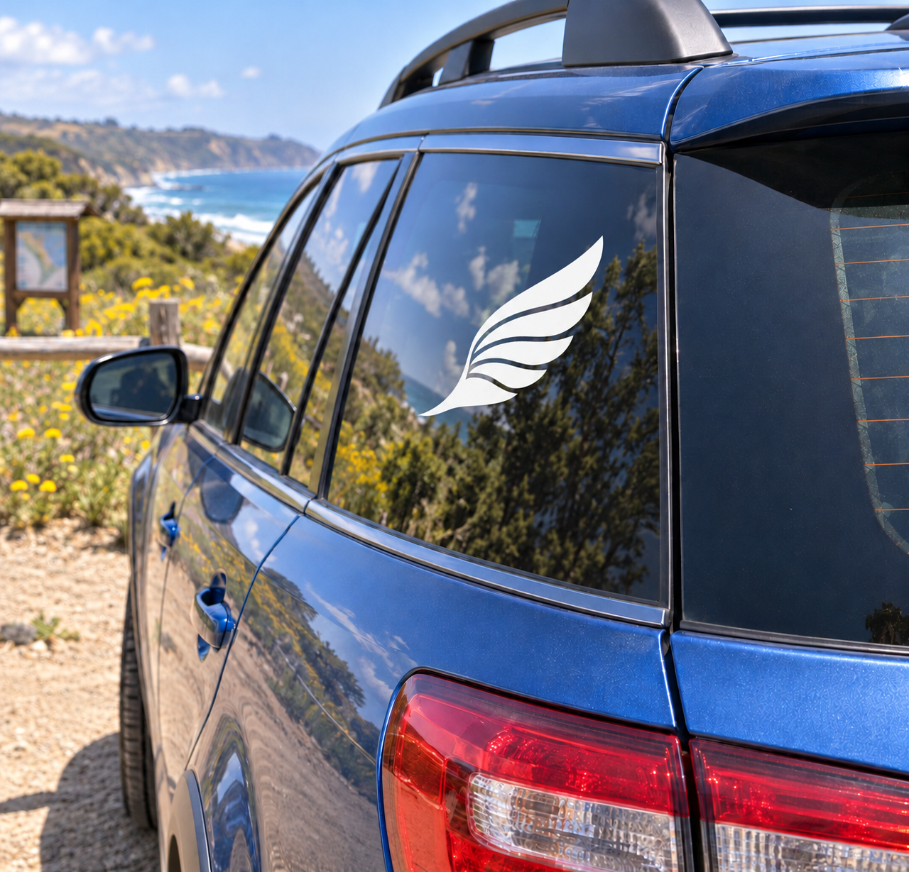 Feather wing arc vinyl decal on car window, white feather graphic