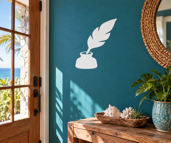 Quill and ink emblem vinyl decal, white quill and ink bottle on blue wall