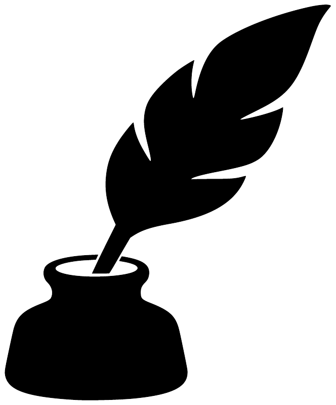 Quill and ink emblem vinyl decal, black feather quill with ink bottle silhouette