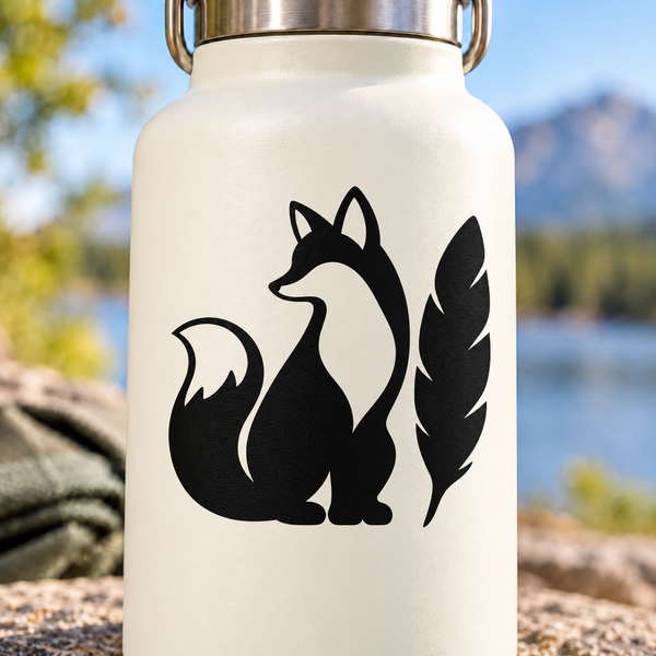 Fox and feather vinyl decal: black fox silhouette with tail and feather on a light surface.