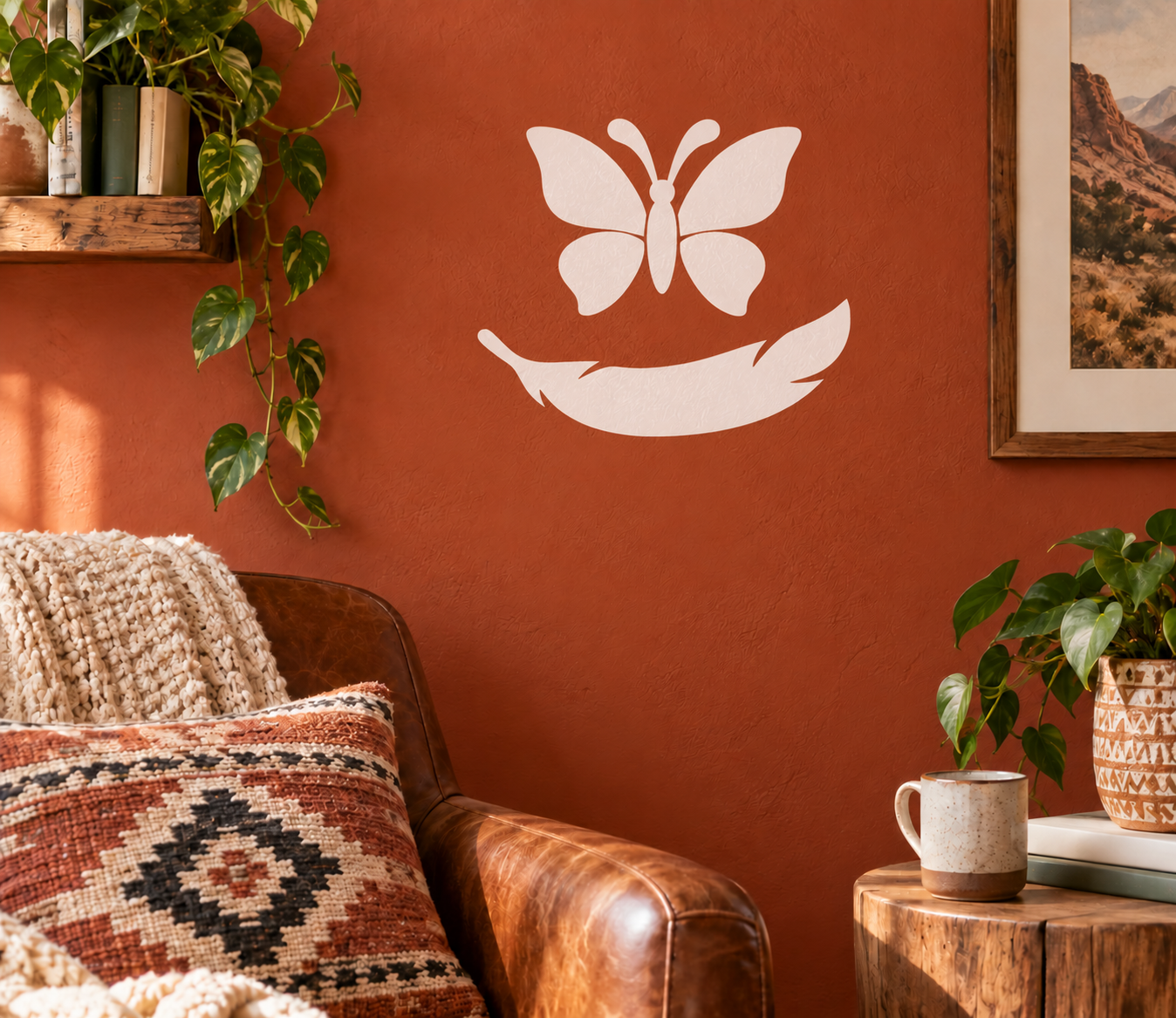 White butterfly and feather vinyl wall decal, decorative drift design
