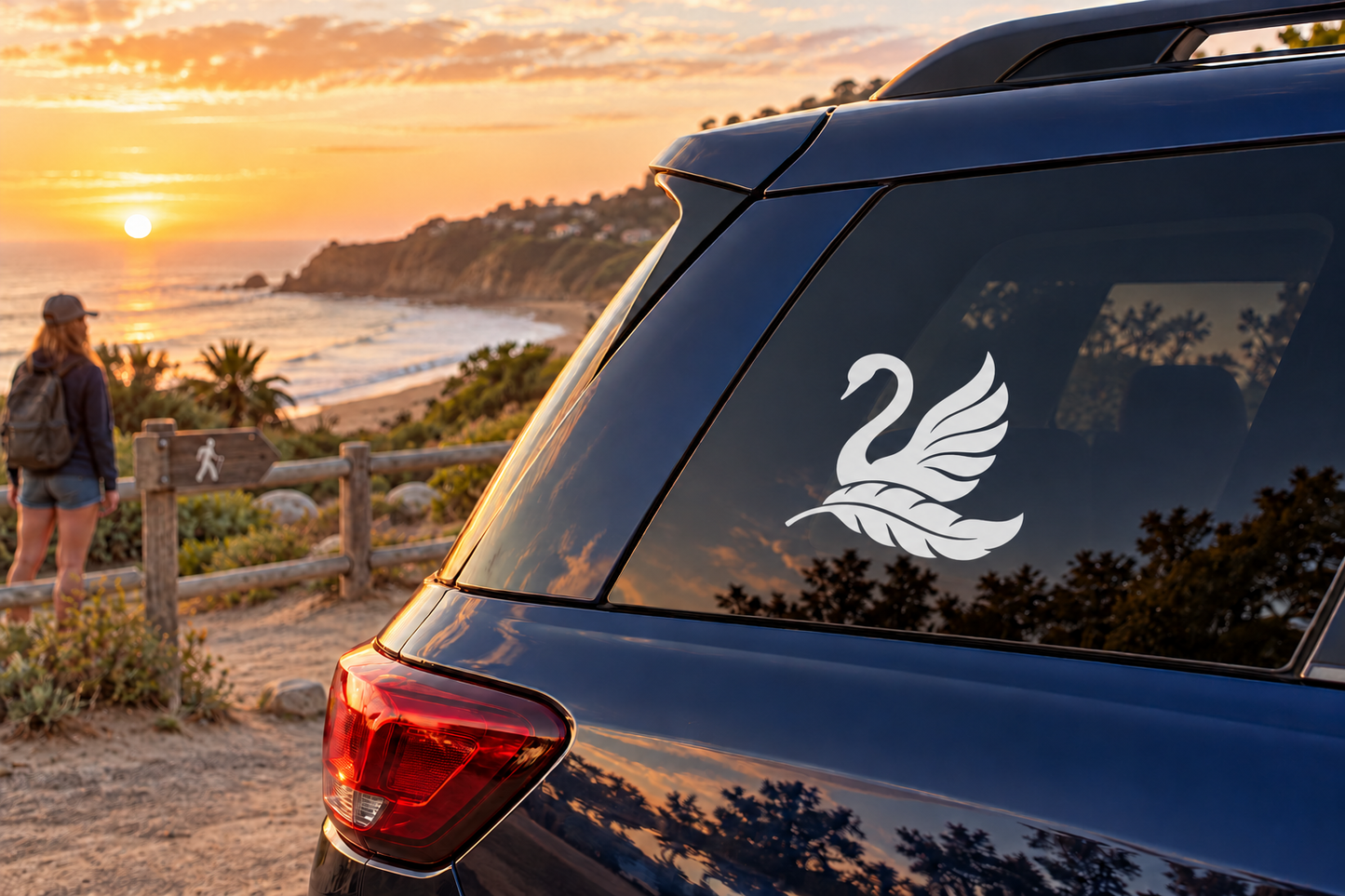 Swan feather crest vinyl decal with black swan logo on car window