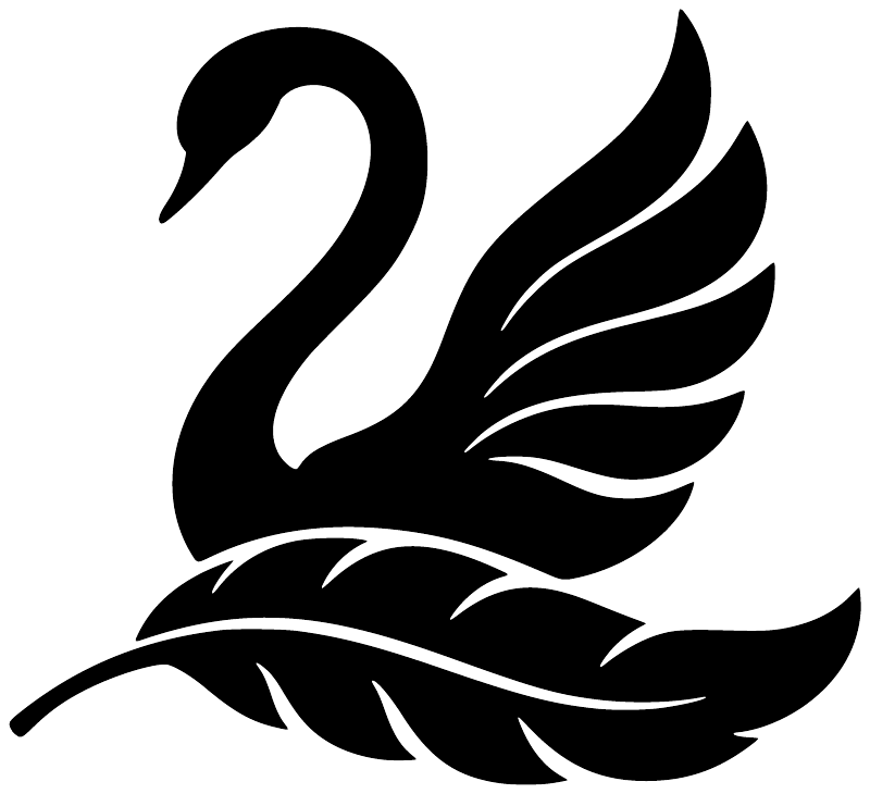 Swan feather crest vinyl decal, black swan-and-feather emblem on white