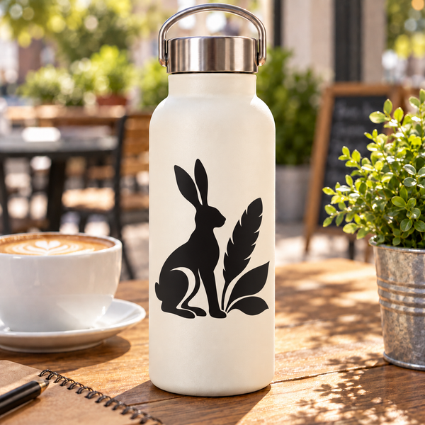 Black rabbit and feather vinyl decal on a light bottle