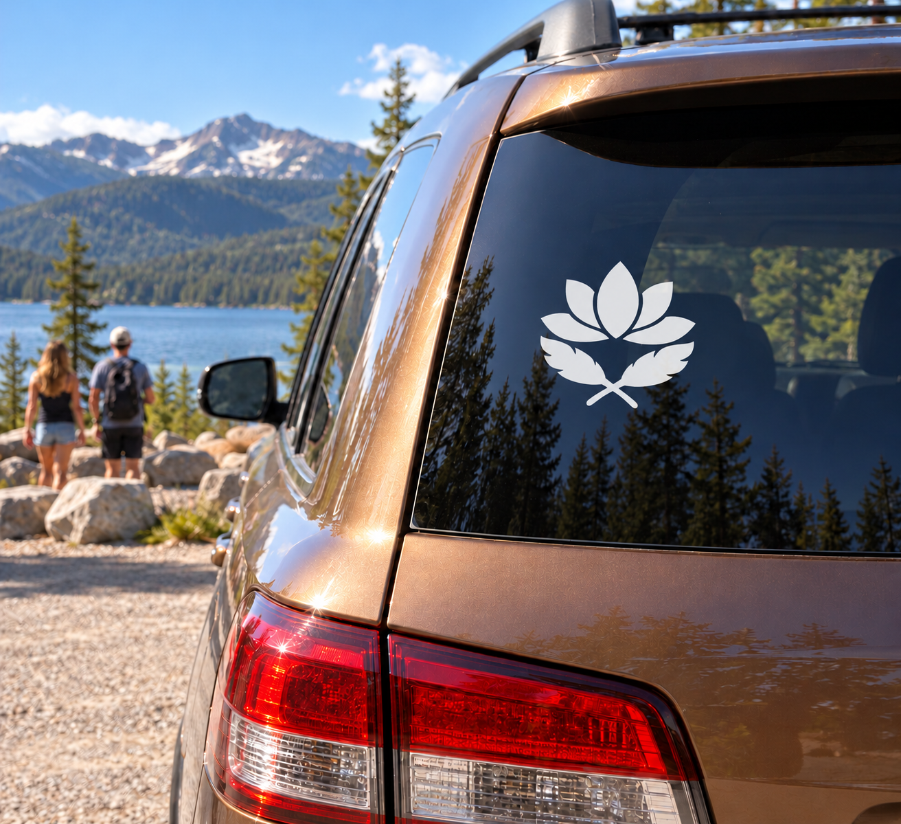 Lotus feather emblem vinyl decal on car rear window, white lotus feather symbol
