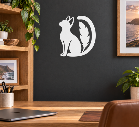 Cat and feather curl vinyl decal, white silhouette on dark surface