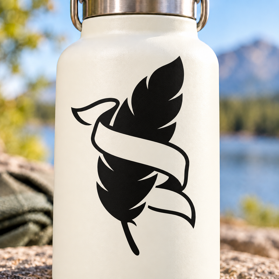 Feather ribbon vinyl decal with black stacked feathers and curved ribbon on light backing