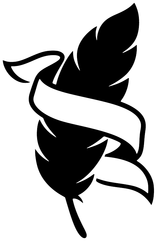 Feather ribbon vinyl decal closeup: black feathers with curved ribbon on white backing