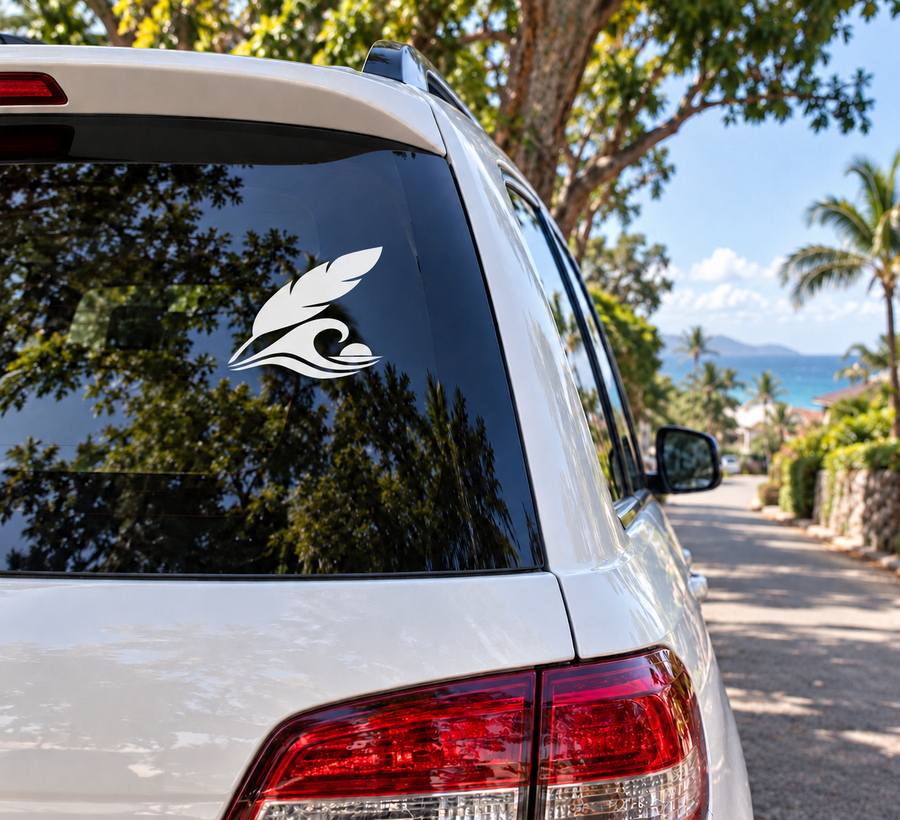 Car window vinyl feather decal in black with white outline and wave detail