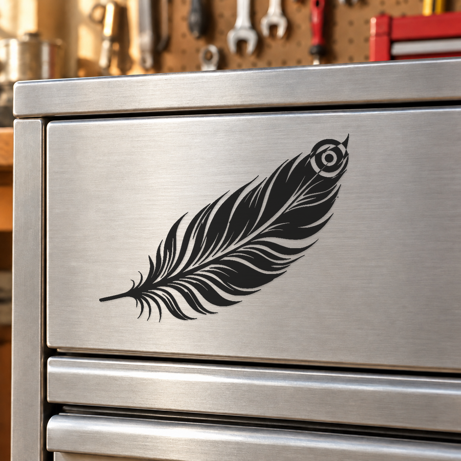 Brushed metal rectangular plate with black feather emblem