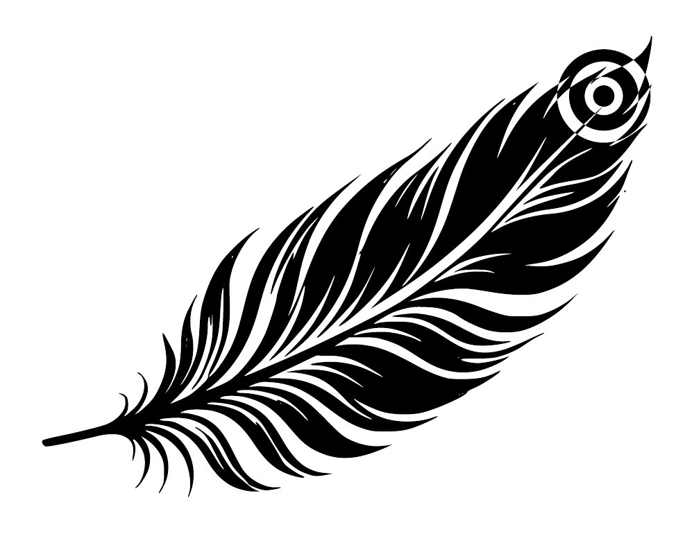 Black feather emblem graphic with eye and layered feather barbs