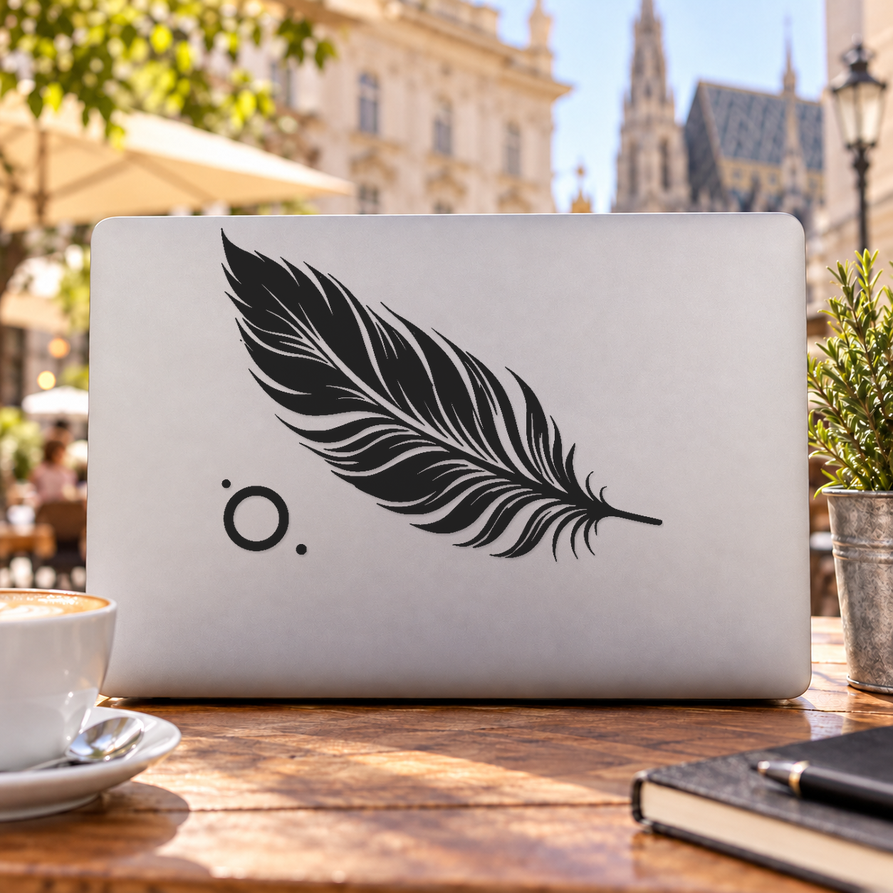 Feather silhouette graphic on light rectangle with small dot and ring accents