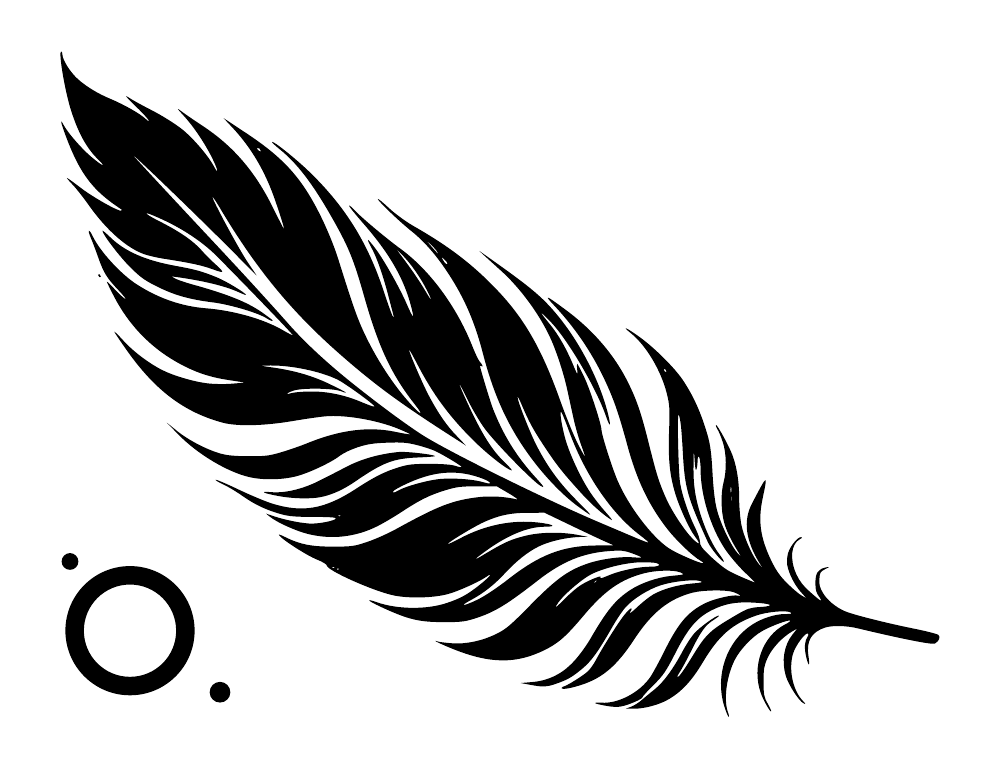 Black feather silhouette with small dot-and-ring emblem on white background
