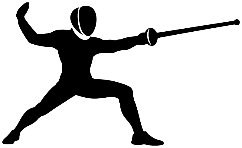 Fencing stance vinyl decal, black fencer silhouette with sword and helmet